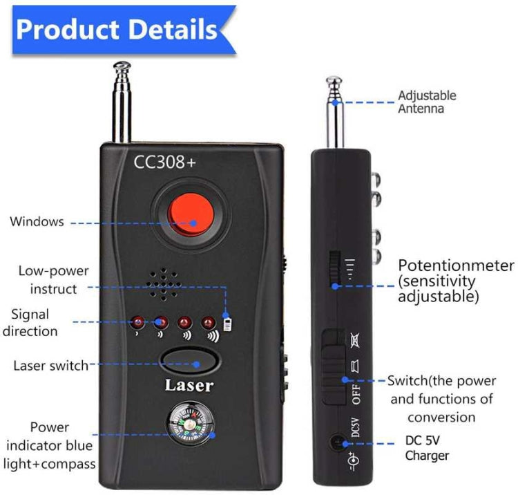CC308 Full Range Camera Laser Detector Mini Wireless Camera Signal GSM Device Finder CC308 Full Range Camera Laser Detector Mini Wireless Camera Signal GSM Device Finder